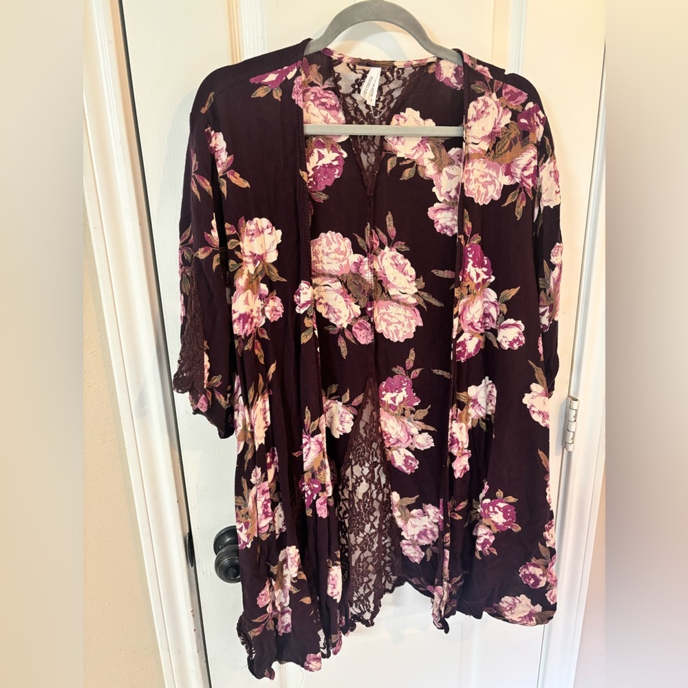 Live 4 Truth Large Floral Lace Trim Kimono - Plum with Pink Roses Country Boho